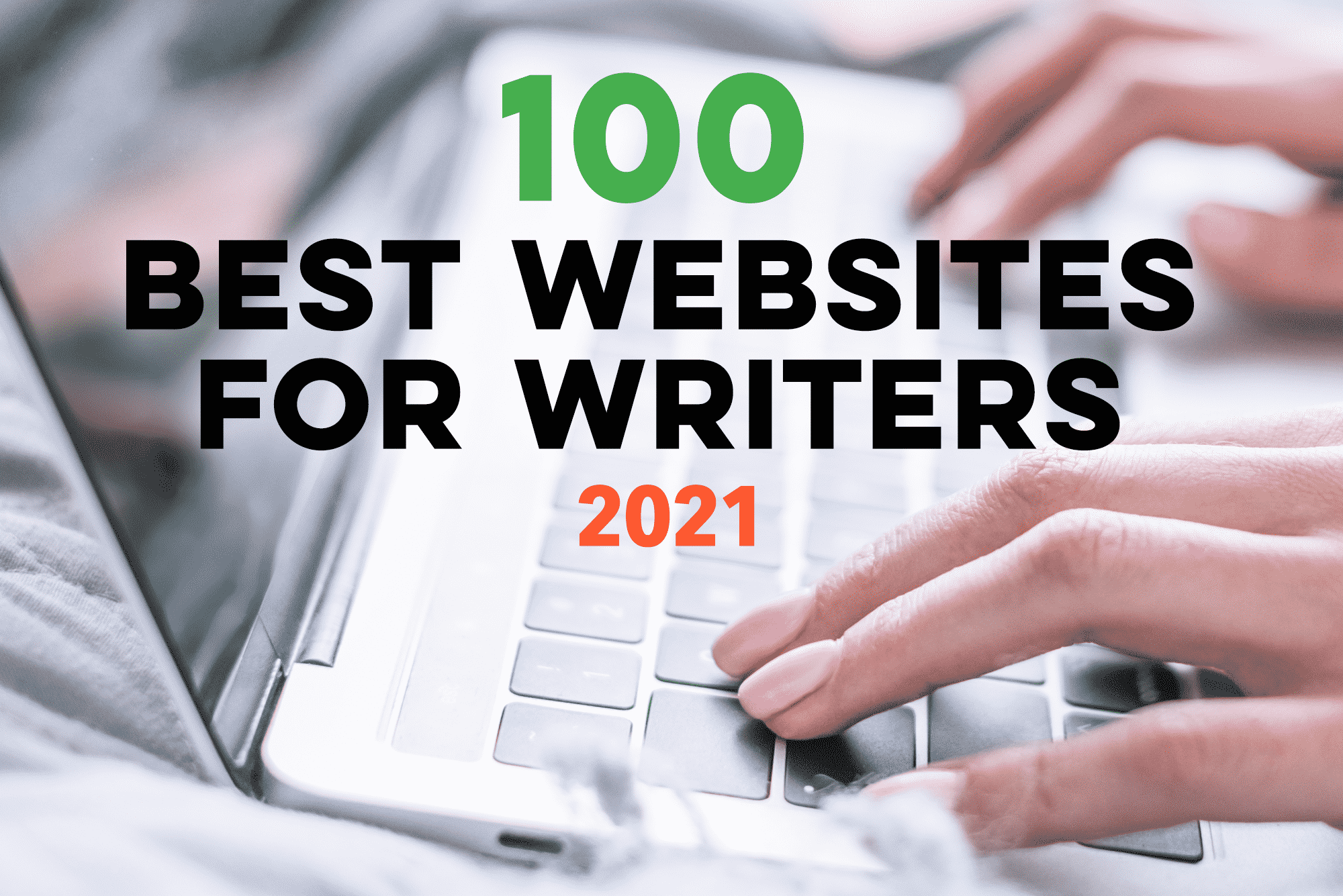 图片上写着“2021年最适合作家的100个网站”，上面是双手在键盘上打字的图片