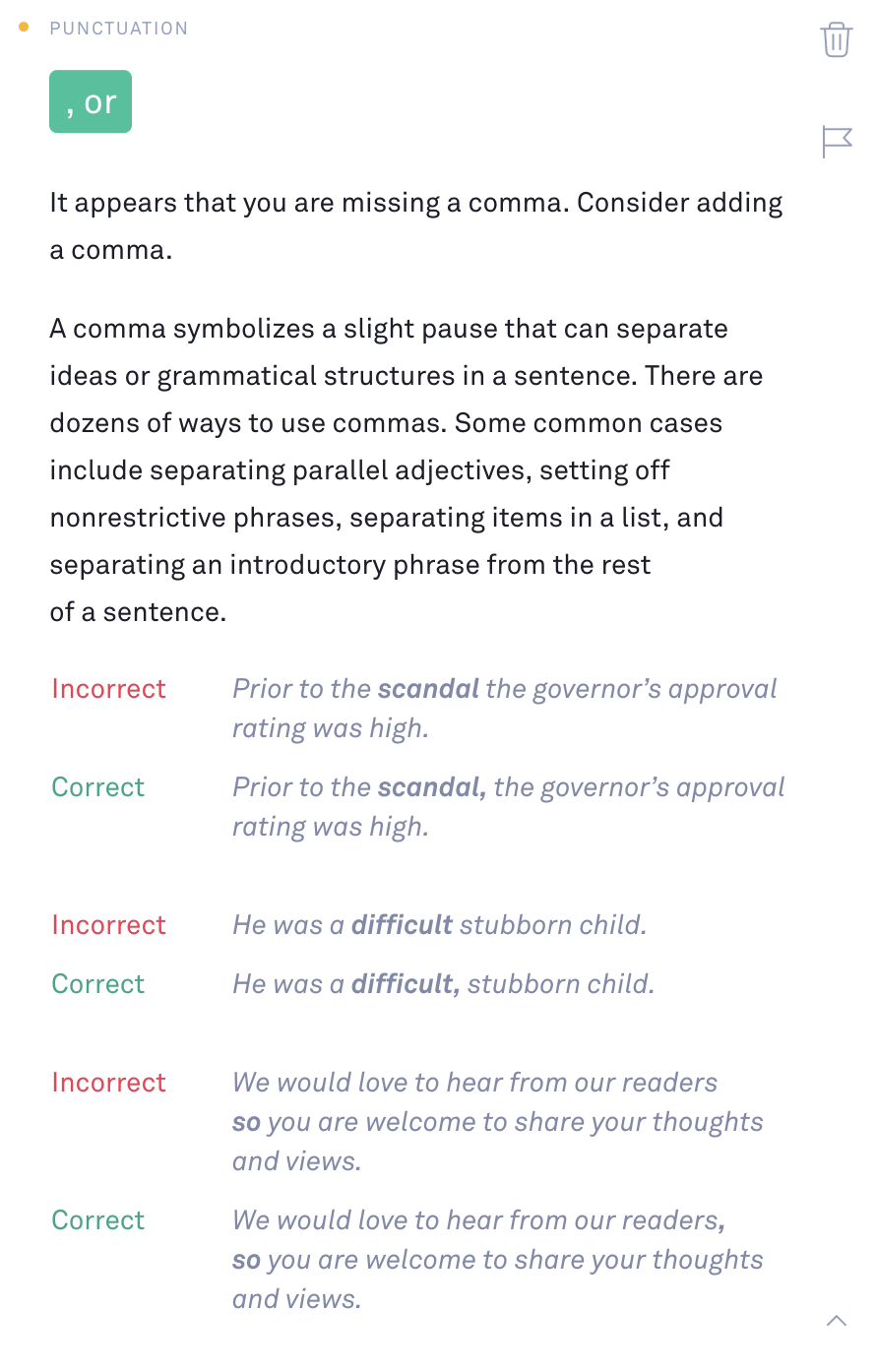 Grammarly建议的截图包括示例和示例重写